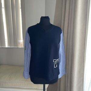 ZARA BLUE VARSITY LETTERMAN PATCH STRIPED TOP SWEATER Hi Low BLOUSE  S